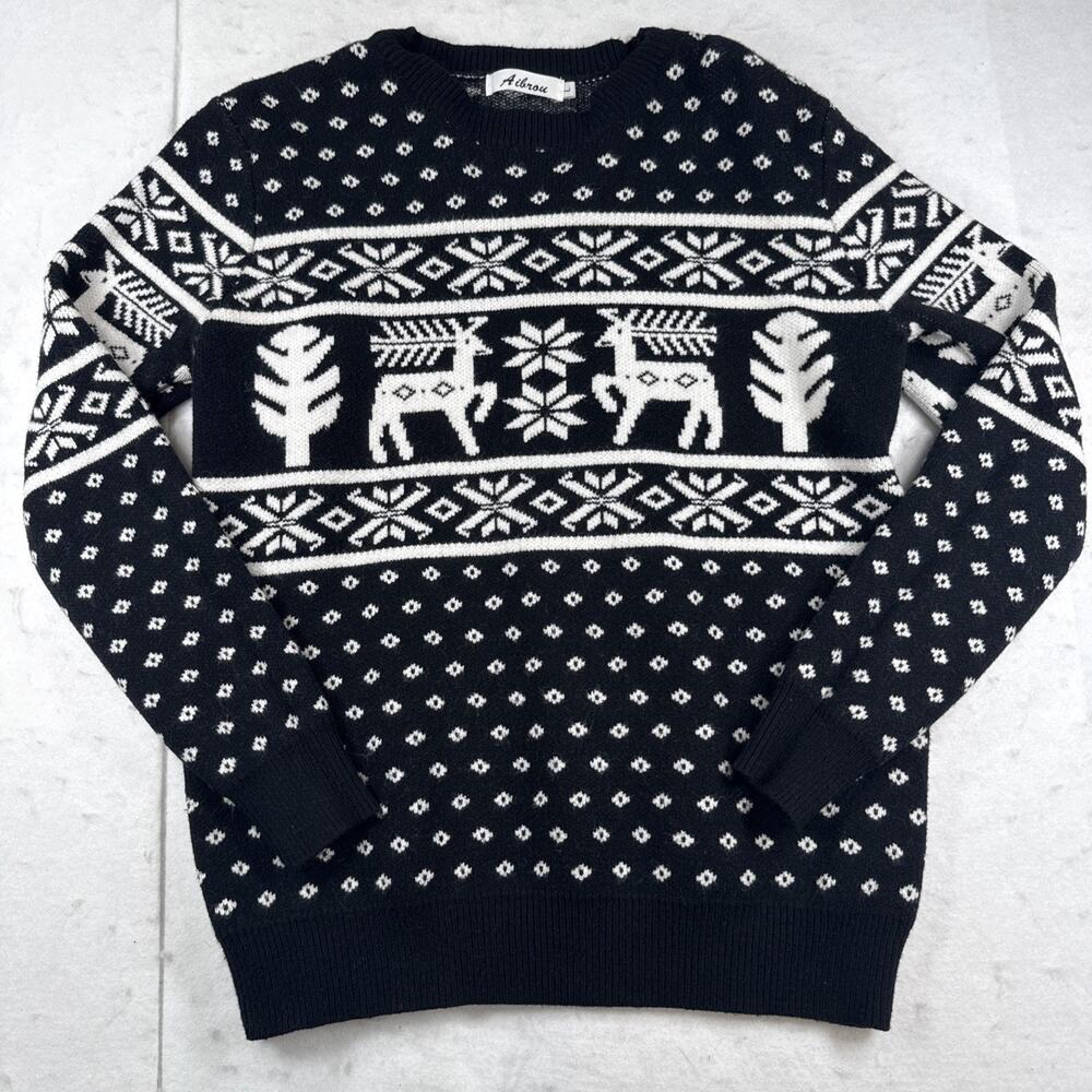 Fair Isle Christmas Sweater Nordic Reindeer Snowflake Black White Knit Large L